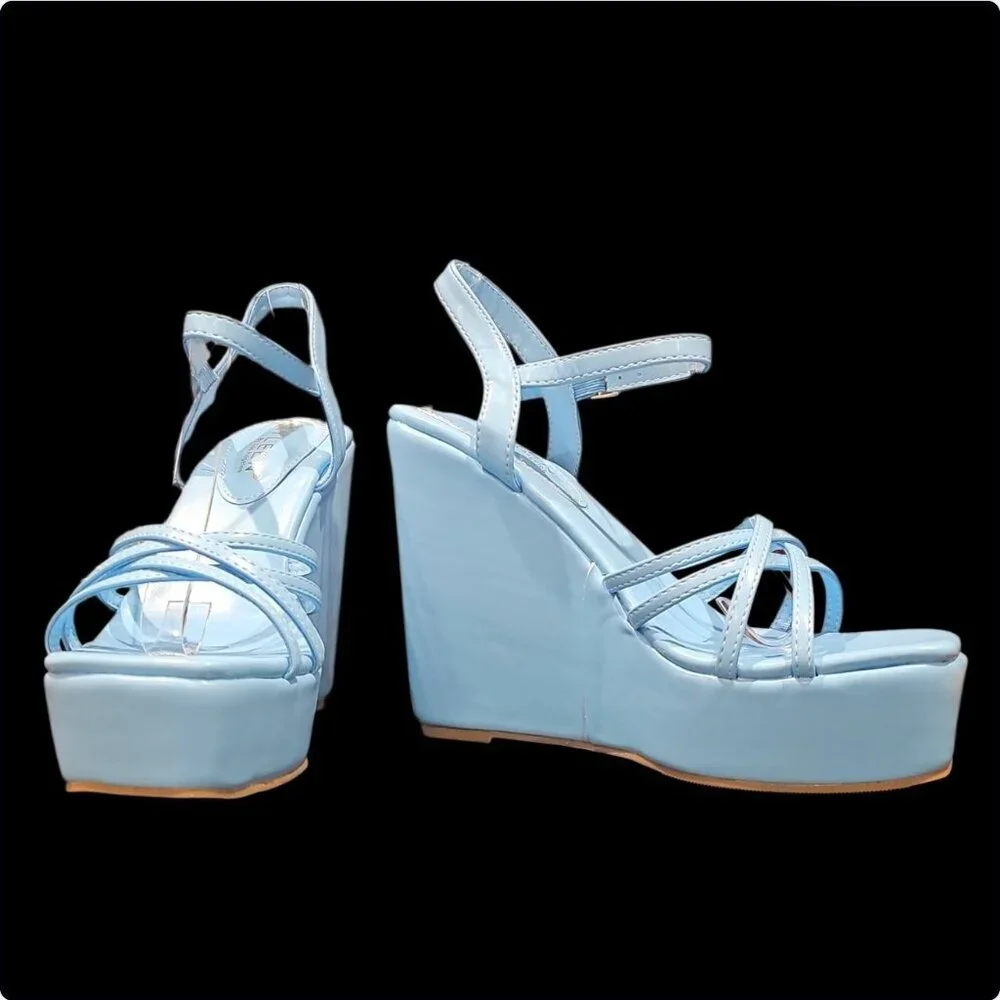 Pastel Blue Strappy Platform Wedge Sandals With Ankle Strap - Picture 2 of 4
